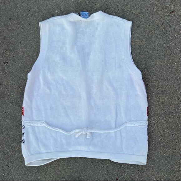 Vintage 90s Russ White Primary Color Floral Knit Herringbone Check Sweater Vest - Picture 2 of 6